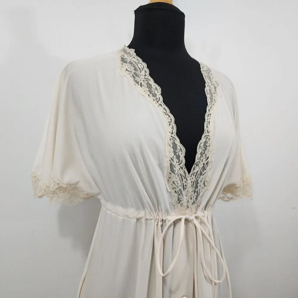 Vintage Shadowline Ivory Nylon Lace Button Front Robe Tie Waist Flare Sleeve SML